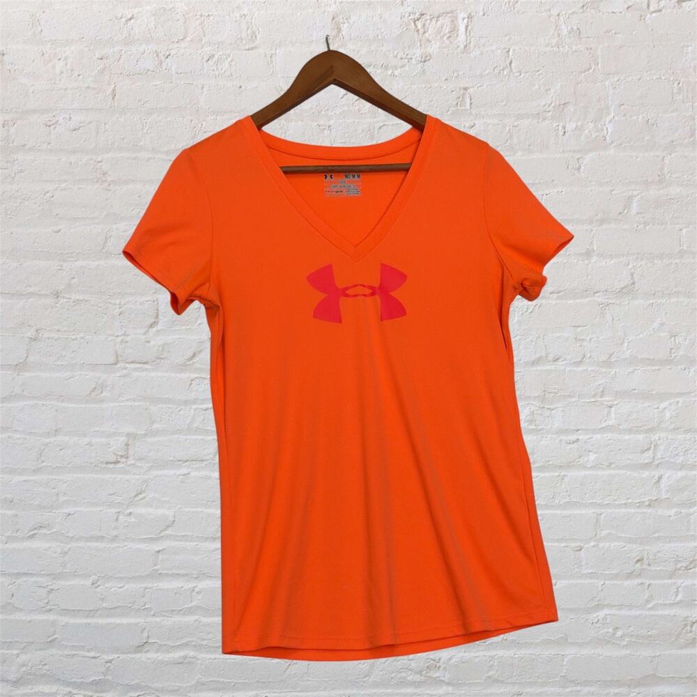 Under Armour Medium Orange HeatGear V Neck Athletic‎ Short Sleeve T Shirt